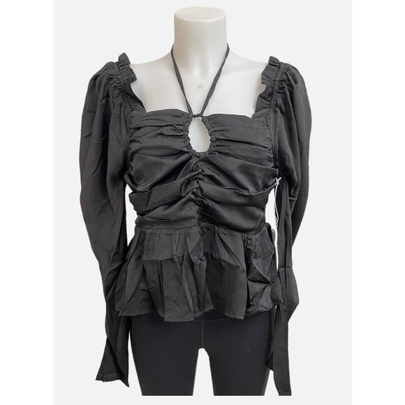 Six/Fifty Women's Size Small Satin Keyhole Blouse Black Ruched Peplum Top - Picture 2 of 11